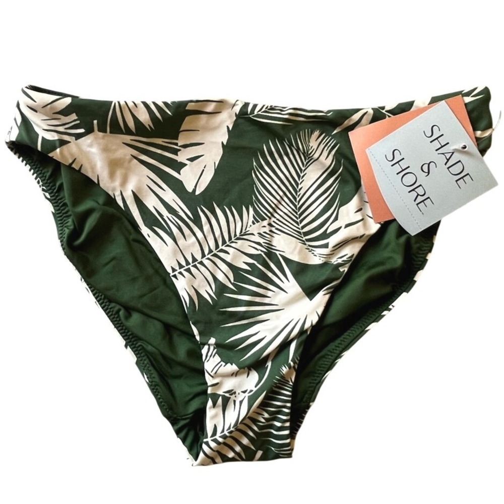 Shade & Shore Mid Rise High Leg Bikini Bottom Womens Small Green Palm Leaf NWT